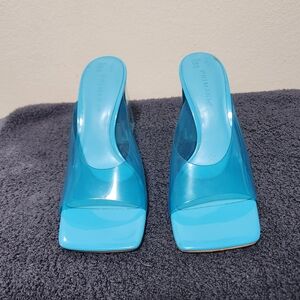 Primark Perspex Aqua Blue Block Heel Transparent Mules Size 8